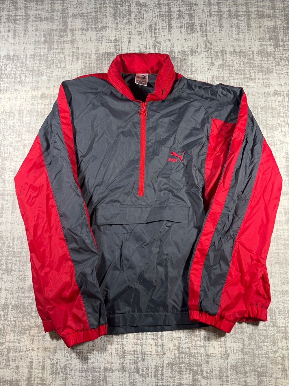 1980’s Vintage Puma Red and Gray Half-Zip Windbreaker Pullover size M 25.5X23PTP